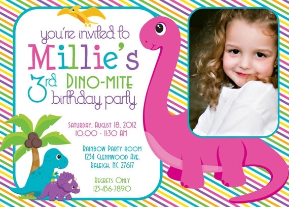Dino-Mite Dinosaur Birthday Party 5x7 Photo Invitation- Girl Printable Il_570xn