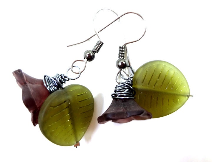 Purple and Green Glass Flowers Earrings on Hooks or Clip Ons - Glamour365