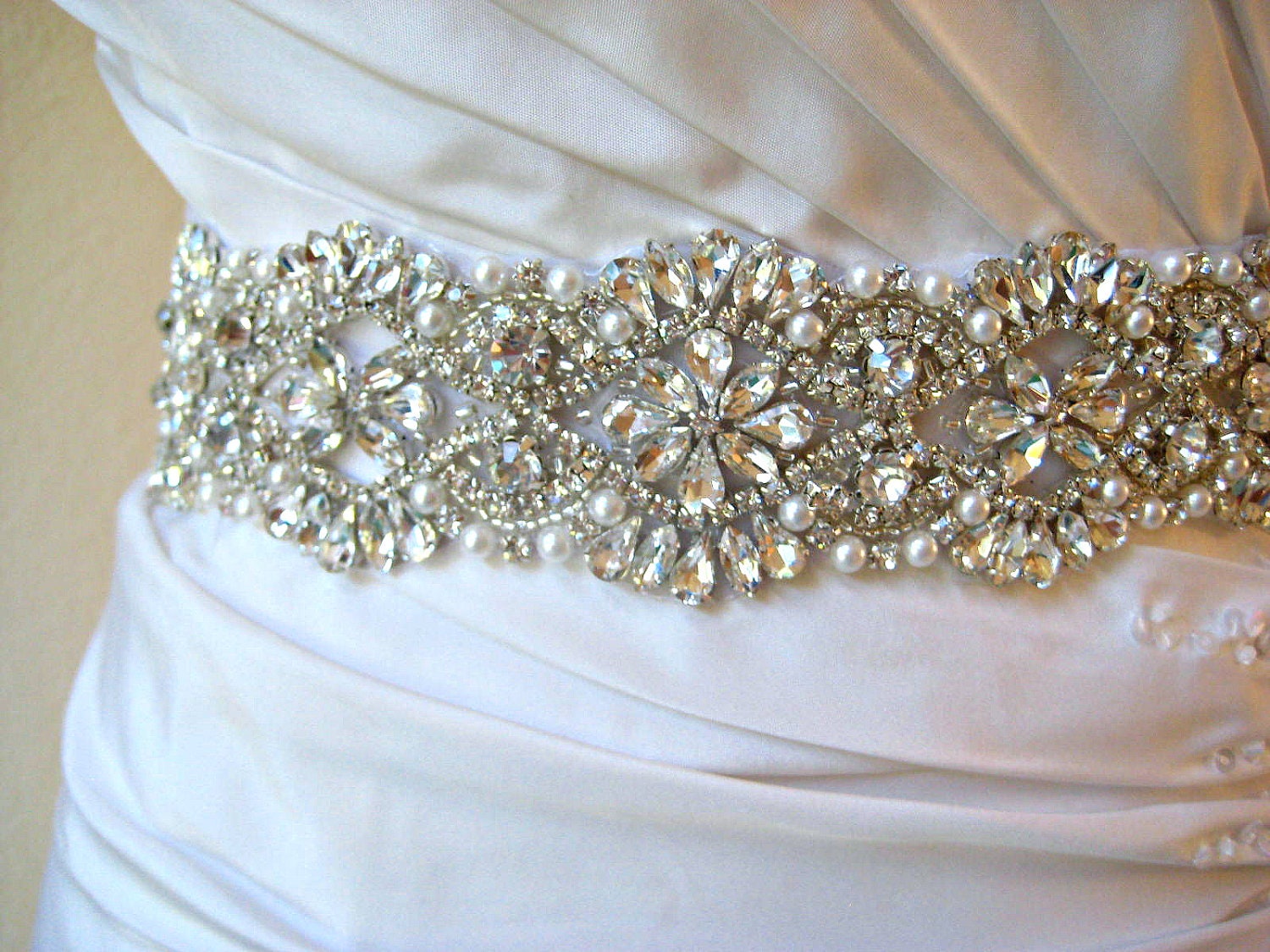 Bridal beaded swarovski crystal & pearl luxury sash. DUCHESS