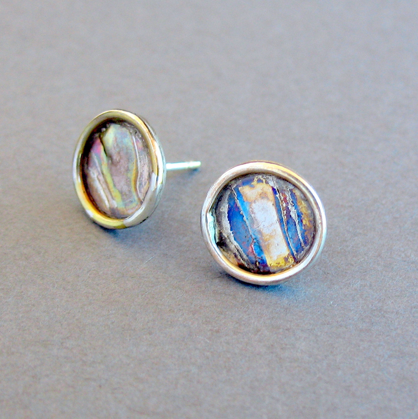 Circle Jewelry, Round Post Earrings, Mokume Gane Jewelry, Silver and  Copper Jewelry,  Handmade Jewelry, OOAK