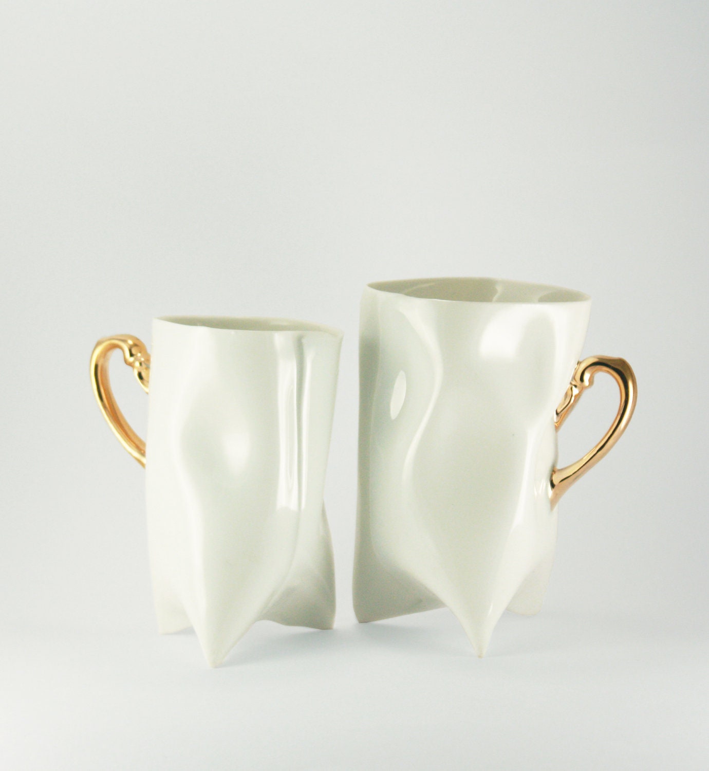 Ceramic white and gold handbuilt cups. Porcelain mugs for coffee or tea.