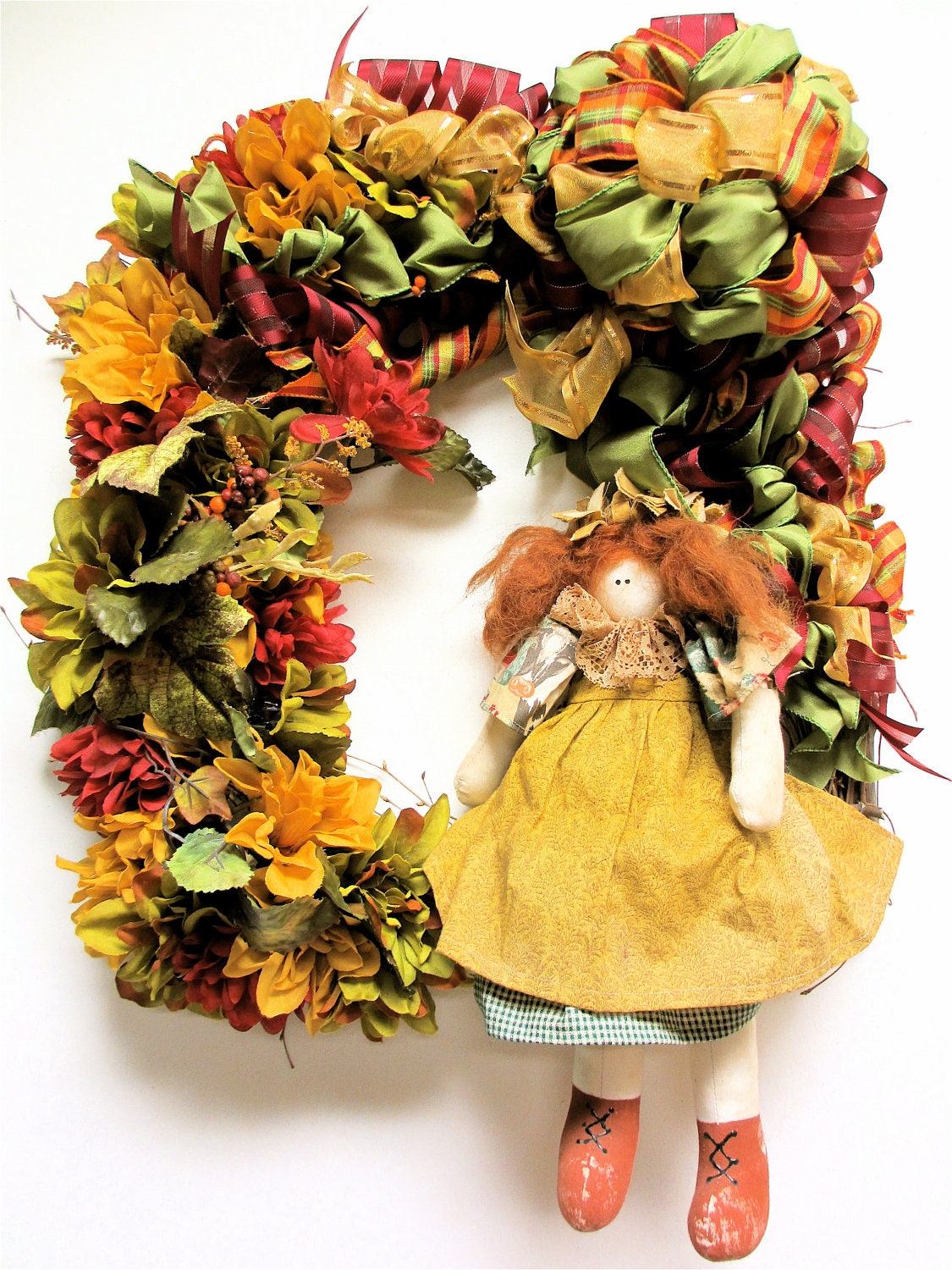 Fall Wreath Square Fall Wreath with Yellow Red & Sage Green Green Silk Flowers (18" x 18" x 4"deep)