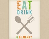 INSTANT DOWNLOAD - Kitchen Utensils Printable Wall Art 8x10 Eat Drink & Be Merry