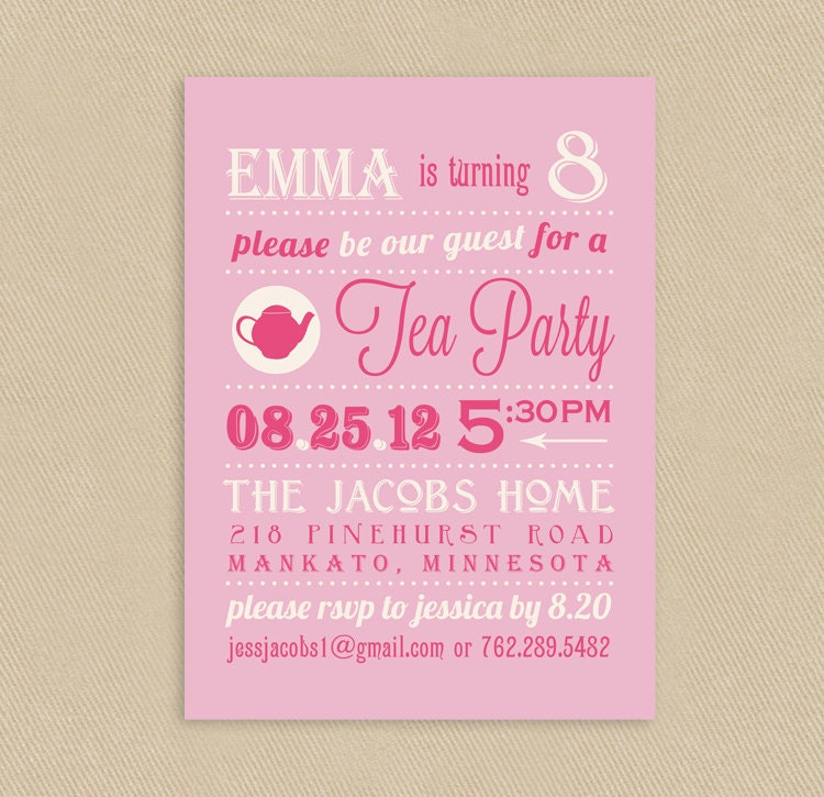 Printable Birthday Party - Tea Party - Invitation 5x7 Pink Vintage Type Poster