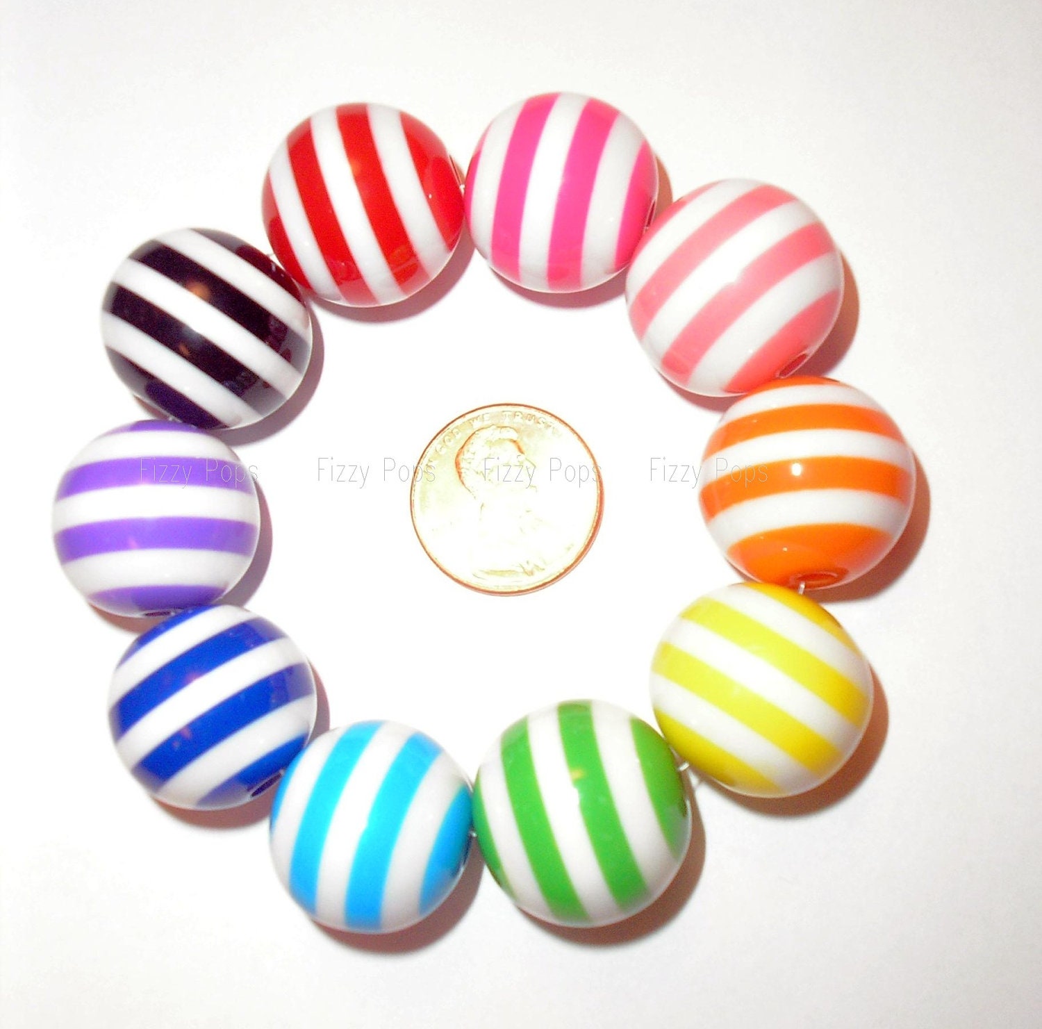 10 STRIPED 20mm Chunky Beads Resin Vintage Style Round
