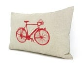 Bicycle decorative pillow cover - Red vintage bike print on natural cotton canvas throw pillow case - 12x18 pillow cover