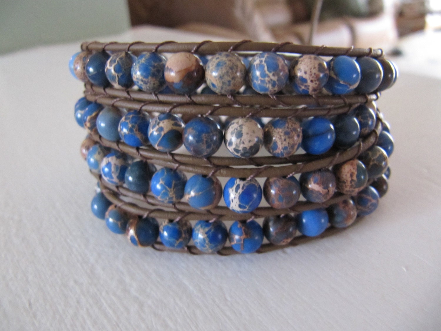 Impression Jasper Beaded Leather Wrap Bracelet with Blue and Brown
