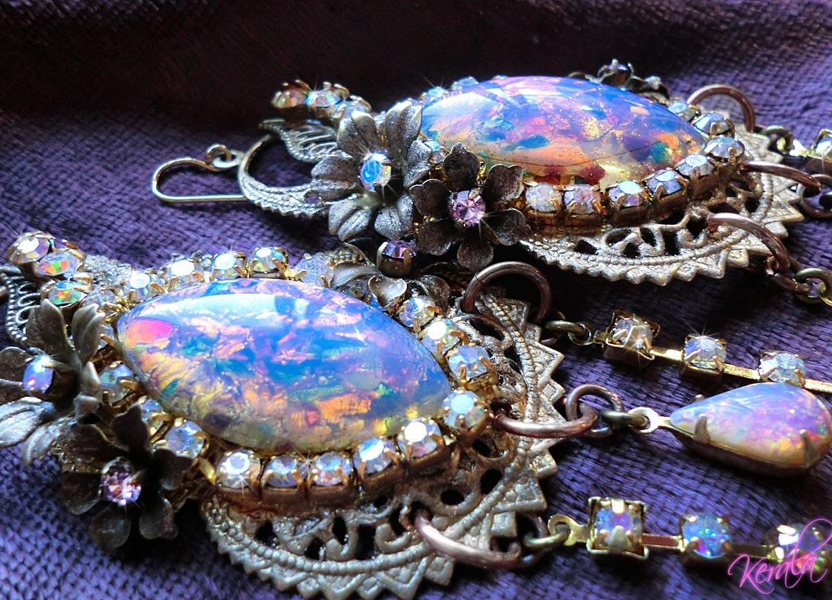 Large Fire Opal and Aurora Borealis Crystal Floral Fantasy Chandelier Earrings- Extravagant, Ornate, Fancy