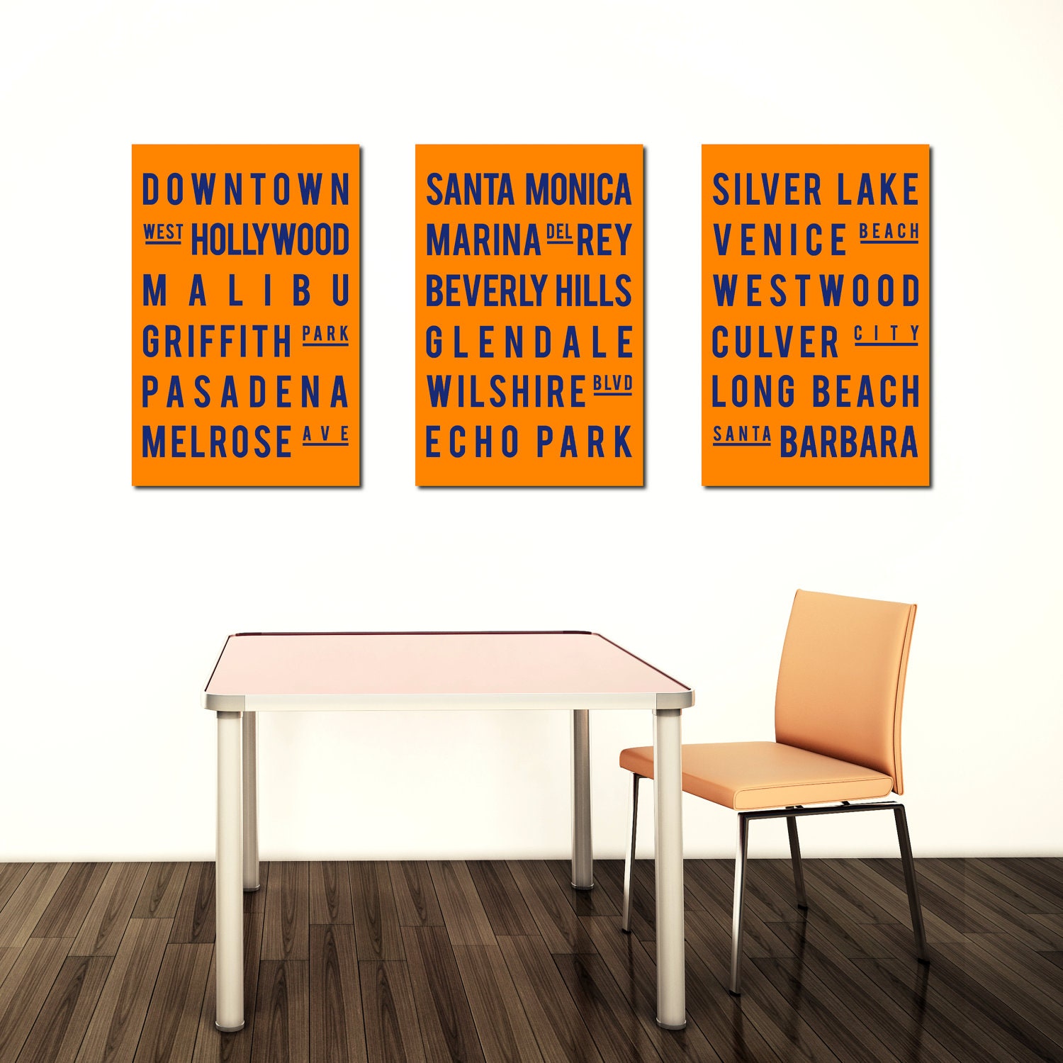 Los Angeles - Subway Sign - Typography Poster - Modern Art - Home Decor - Set of 3 - 12x18 - Tangerine and Blue