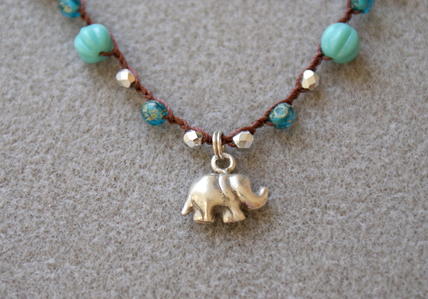 Elephant Turquoise Bohemian Crochet necklace, shabby chic boho, trendy, silver, good luck jewelry