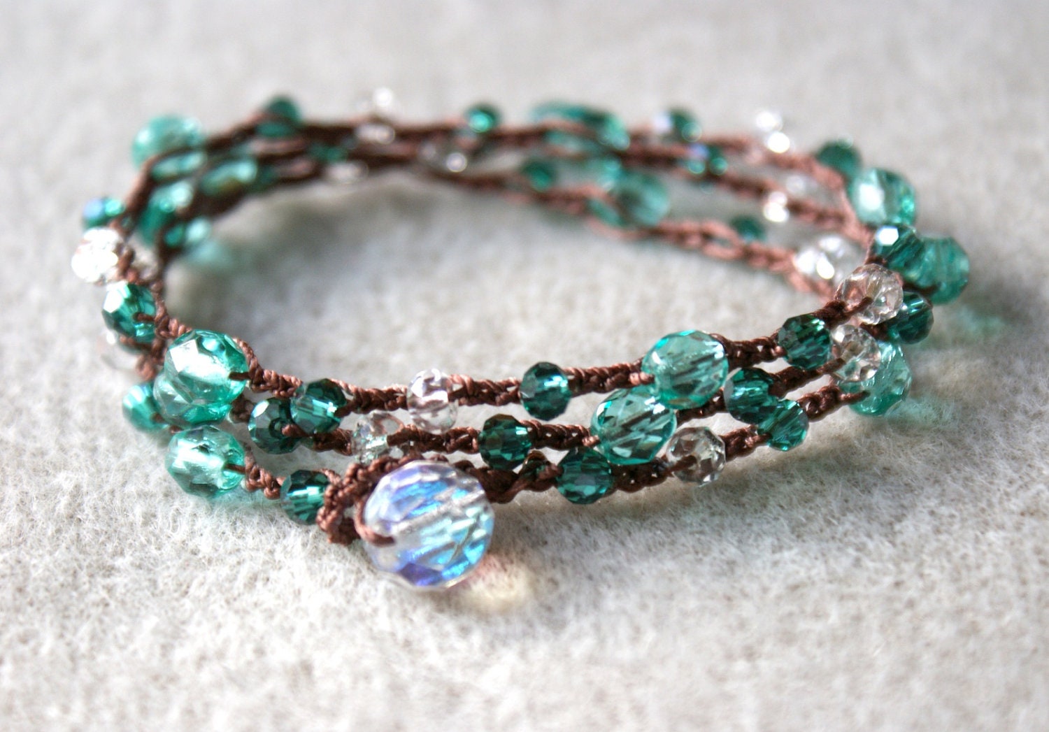 Green Emerald Bohemian wrap bracelet, necklace, anklet, crochet jewelry, beachy jewelry, 3x wrap, aquamarine, crystal