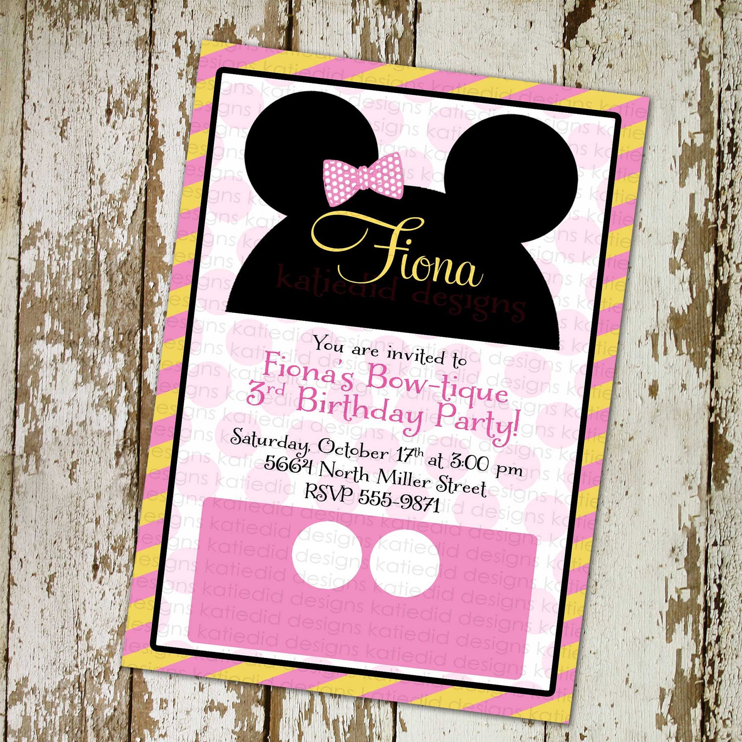 Minnie Mouse Disney bow-tique birthday party invitations or baby shower invitations, digital, printable file (item 778)