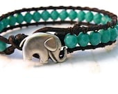 Little Elephant Turquoise Leather Wrap Bracelet with Turquoise Czech Beads/ "Lucky Girl" Elephant/ Free Shipping/ Boho Southwestern Chic