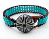 Unisex Wrist Wrap Bracelet Turquoise Beads on Red Brown Leather Wrap with Bronze Cross/ Male Dude Mens Guys/Mens Leather Wrist Wrap