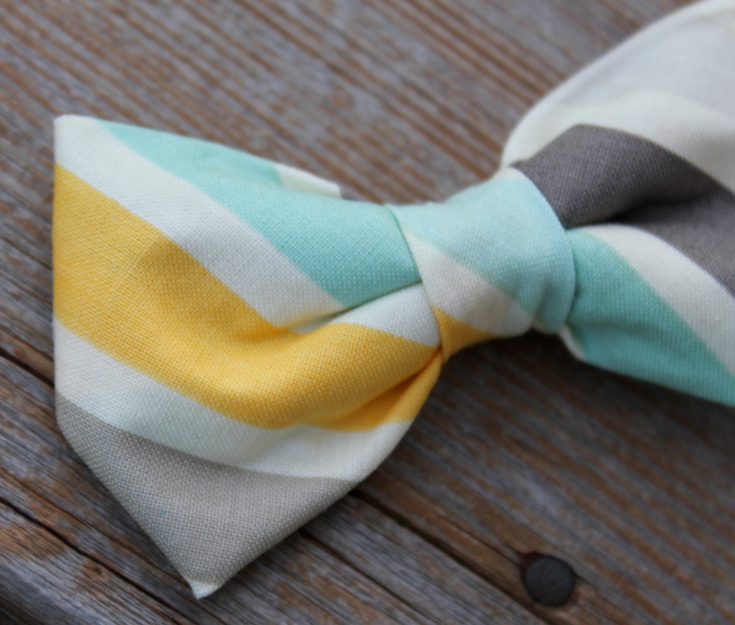 Bow Tie for boys in Yellow, Turquoise and Gray Stripe - Clip on