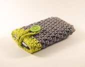 Crocheted iPod / iPhone / MP3 Player / Mobile Phone Cozy in Gray with Lime Stripe