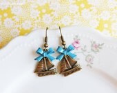 Sailboat Earrings- Sail Away With Me- Antiqued Brass Charm and Navy Blue Bow Earrings