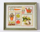 Vintage / Rustic Framed Vegetable Garden Embroidery - 60s 70s Shabby Chic Kitchen Decor - Wall Art Hanging