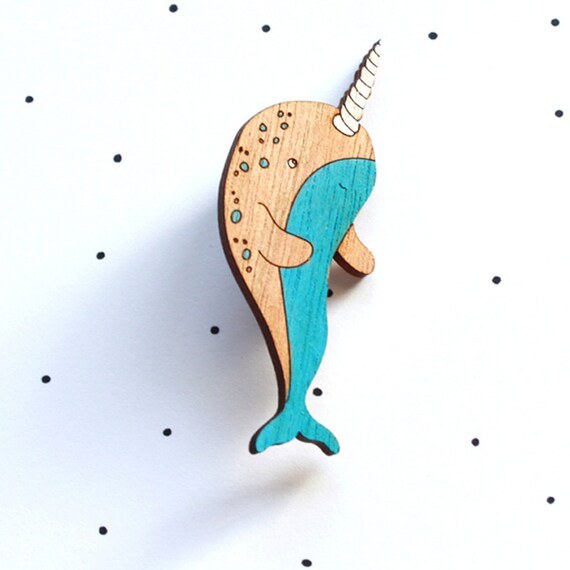 Wooden Laser Cut Narwhal Brooch