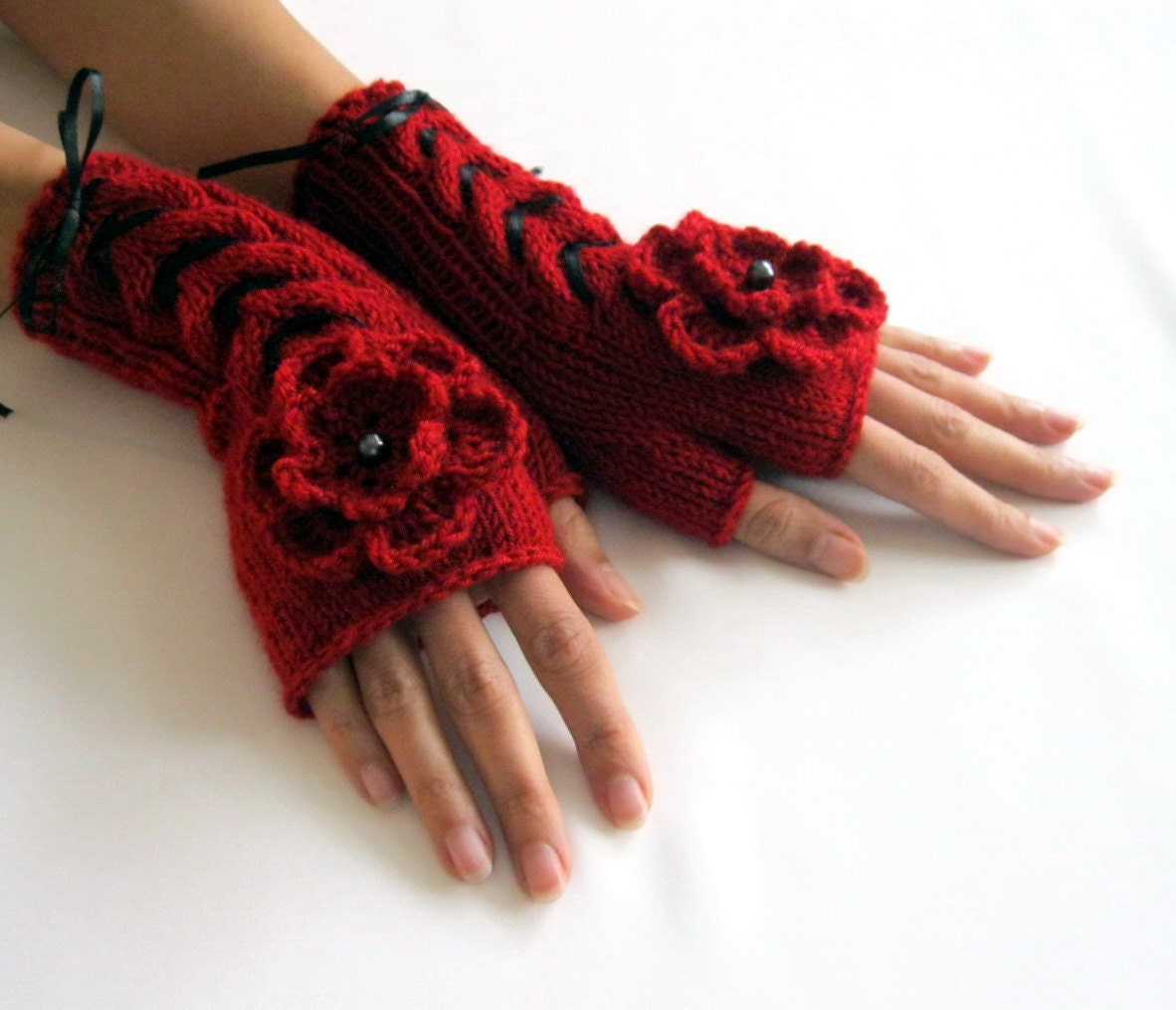 RED ...Fingerless Gloves, Wool Mittens, Women Arm Warmers with cable pattern and flowers, eco friendly