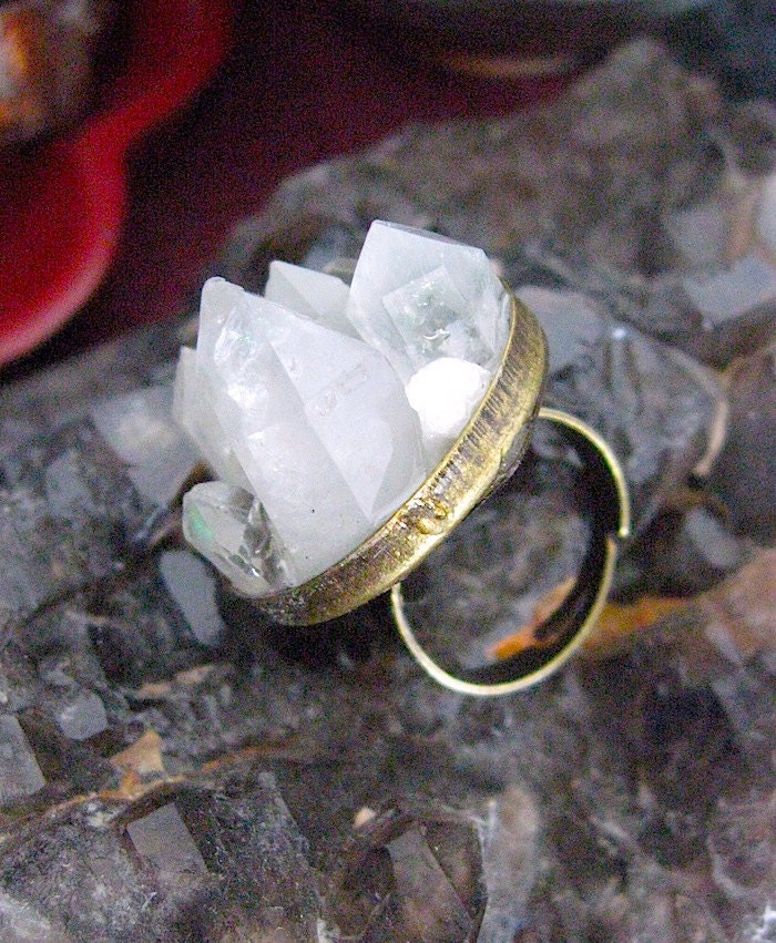 Quartz Crystal Cluster Ring - Big and Bold - natural rock crystal 4 - Unique Ring - Under 50 for her - One of a Kind