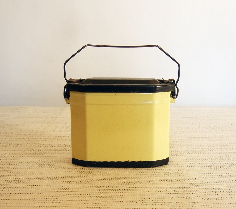 Vintage French Enamelware Lunch Pail Box tin in Soft Yellow & Black