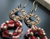 Vintage Wreath Beaded Victorian Influence with Brass Antique Filigree Circles and Brass Earwires
