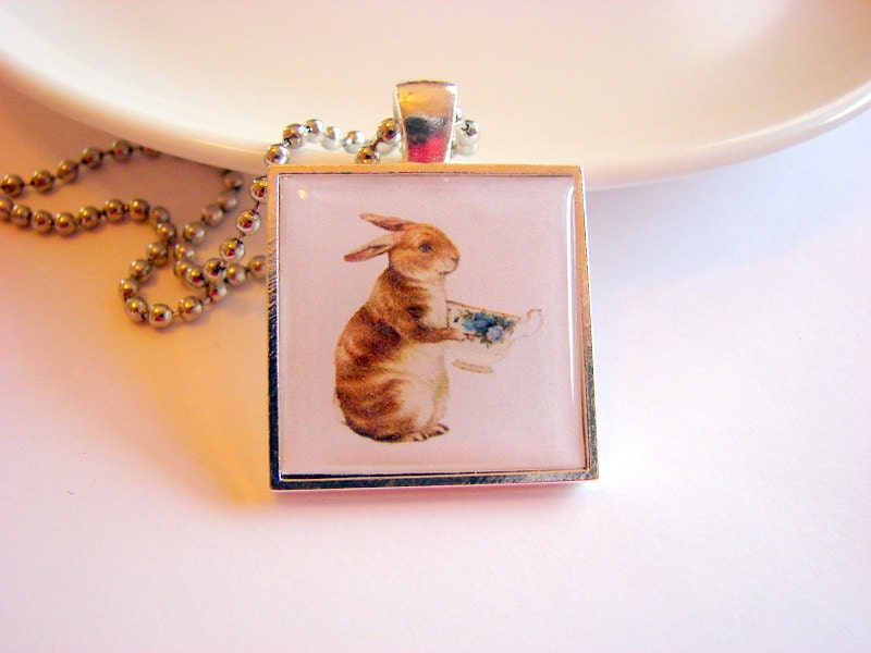 SALE Necklace - Bunny Rabbit Holding a Tea Cup - Paper Resin and Metal Pendant - Whimsical Shabby  Teacup Tea Party- With Chain