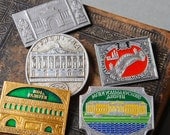 Set of 5 Vintage metal broochs, badge pins, old churches and buildings