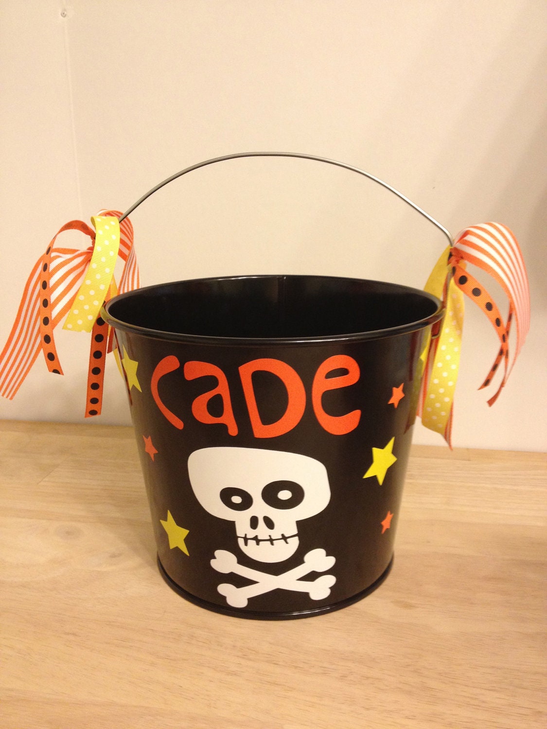 Halloween bucket: Personalized halloween trick or treat metal bucket, 5 quart, black with skull and crossbones, more colors and designs