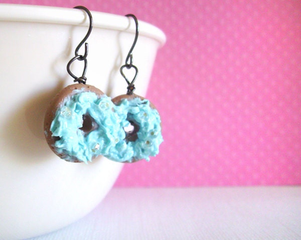 Blue Doughnut Dangle Earrings with Thick Blue Frosting and Sparkling "Sprinkles"
