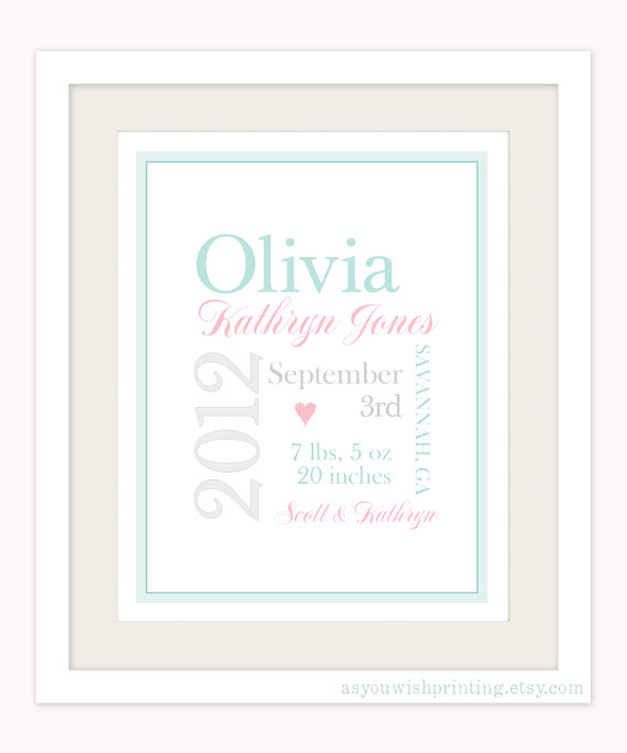 Baby Girl Personalized 11x14 Typography Birth Poster - Custom Color Wall Art