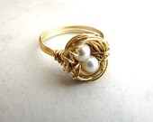 Birds Nest Ring Hummngbird Nest Pearl Eggs Gold Wire Wrapped Size BellinaCreations Bellina Creations size 7