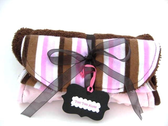 Burp Cloths and Bib - Neopolitan Ice Cream Stripes/Brown and Pink- 3pc. gift set
