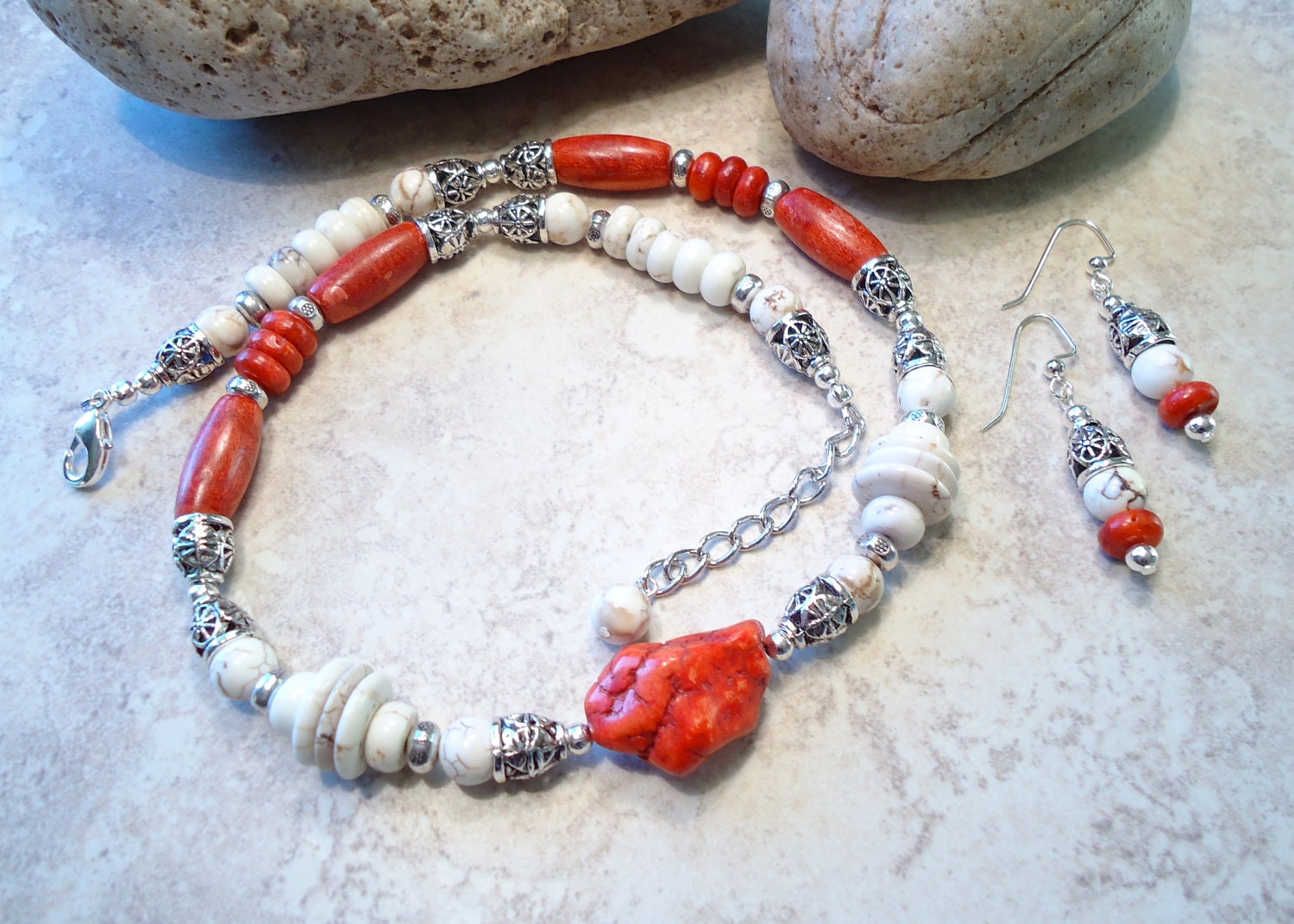 Coral Nugget and White Stone Necklace and Earring Set, Necklace and Earrings