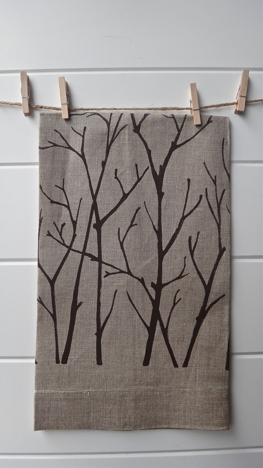 Linen Kitchen Towel with Branches, Natural Brown