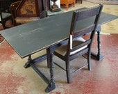 Vintage Reclaimed European Black Paint Distressed Rustic Tudor Turned Trestle Writing Desk Table