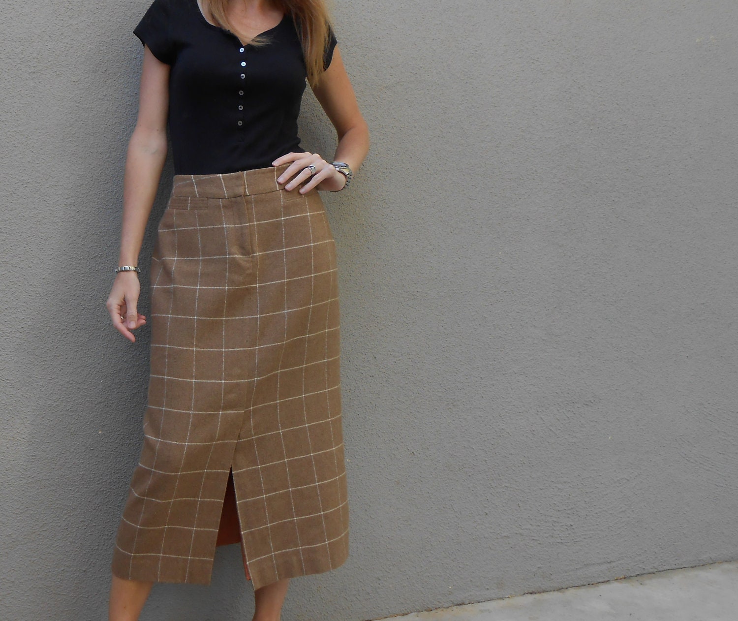 SALE tan wool striped J G Hook midlength skirt / S