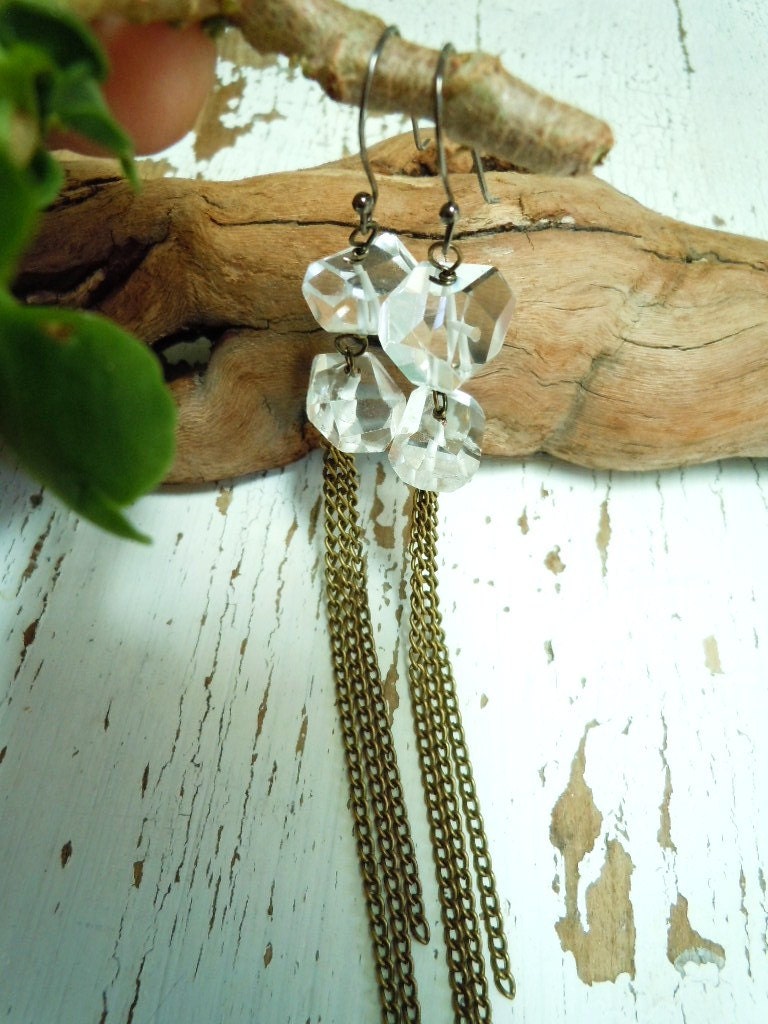 Crystal Quartz Earrings - Long Tassel Chain Dangles - Shoulder Dusters - Boho - Goddess