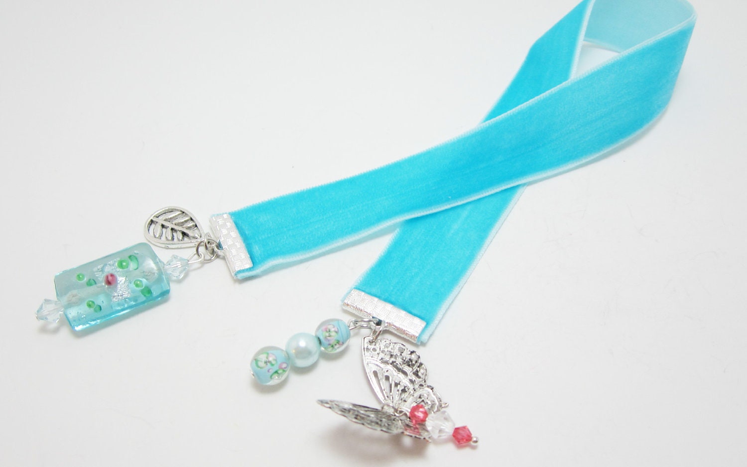 Aqua Ice Blue Velvet Ribbon Bookmark Lampwork Beads Swarovski Crystals