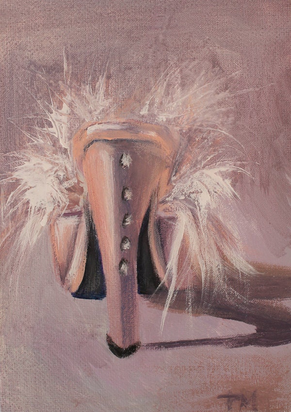 Original Painting Acrylic Fine Art Custom Order  Pink Feather Slippers with diamonds-Girls Best Friend-5x7" Canvas Panel