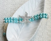 Bridal Pearl Rhinestone Bracelet STARFISH Crystal Beach Wedding Jewelry Something Blue Turquoise Teal Aqua Tiffany Blue BL039LX