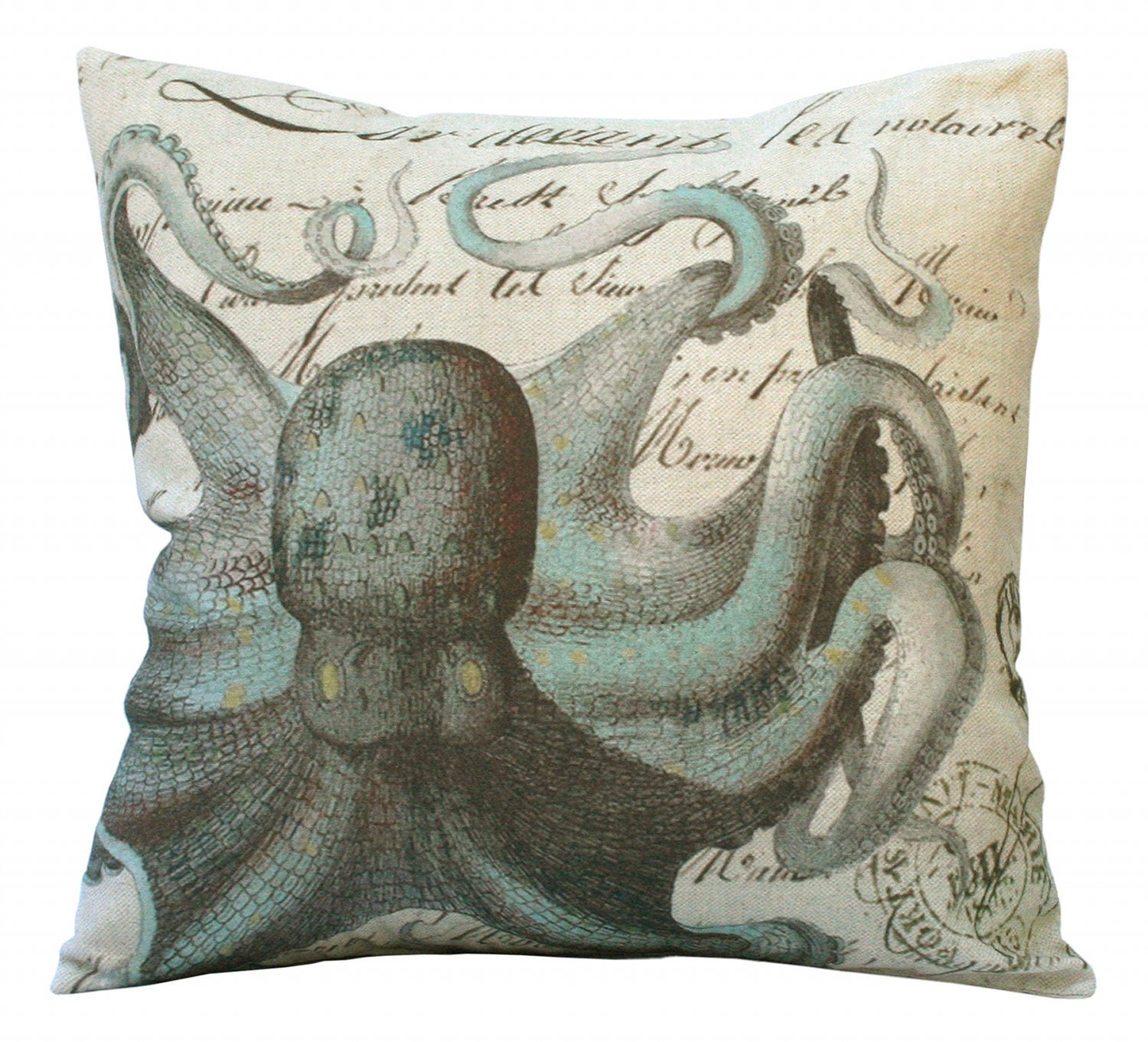 Aqua Octopus on French Document 20x20 or 18x18 or 16x16 or 14x14 Inch Pillow Cover - Soeuralasoeur