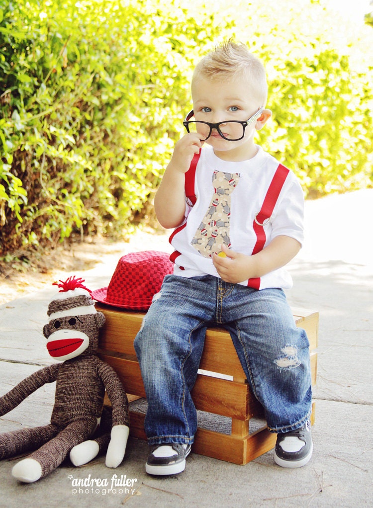 PERSONALIZED Sock Monkey Inspired Red and Brown Tie & Suspenders Onesie - Made To Order -0-3M through 24M