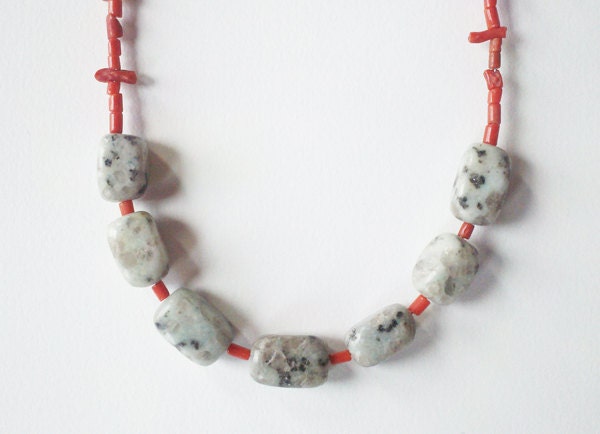 Sesame jasper, red bamboo coral and recycled red chain necklace