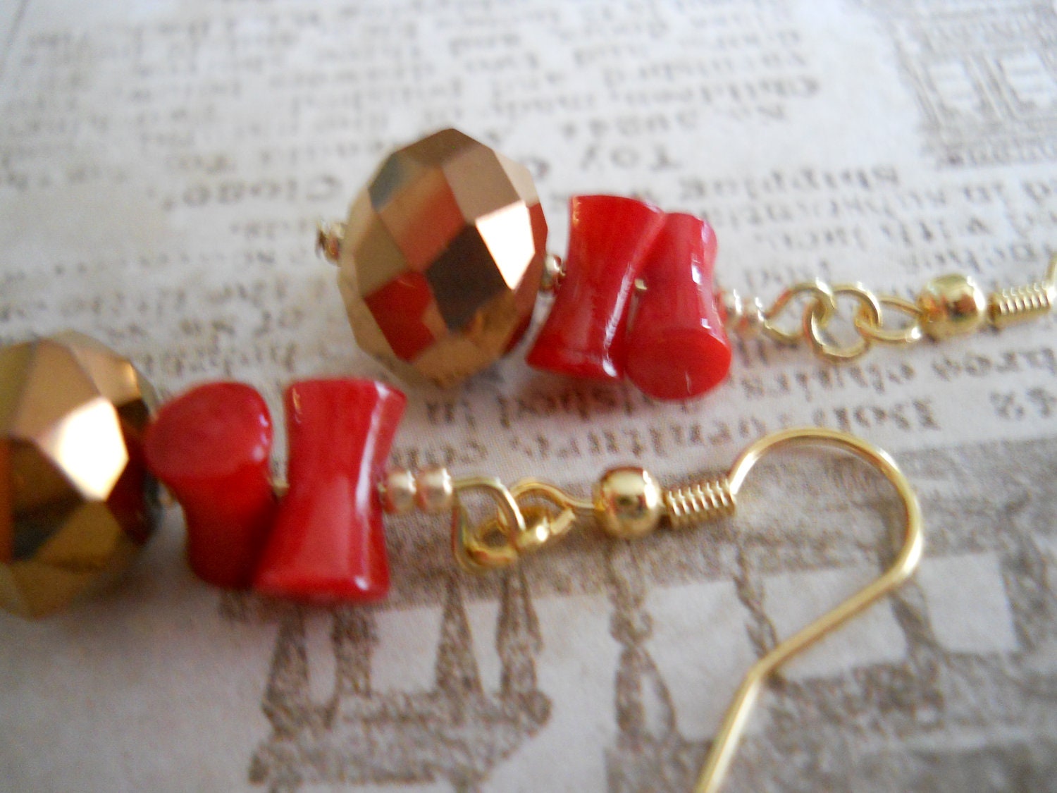 Bright Ruby Red Coral Earrings Deep Copper Bronze Czech Glass Faceted Gold Scarlet Cupolini Carved Beaded Jewelry - chicagolandia