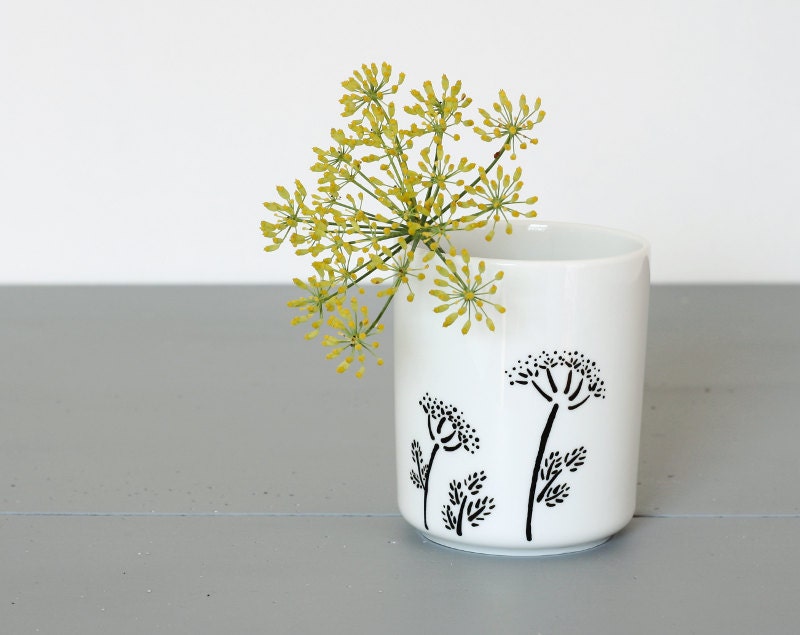 Pots à crayons Fenouil - Gobelet porcelaine 30cl peint à la main - Vase fleurs ombellifères