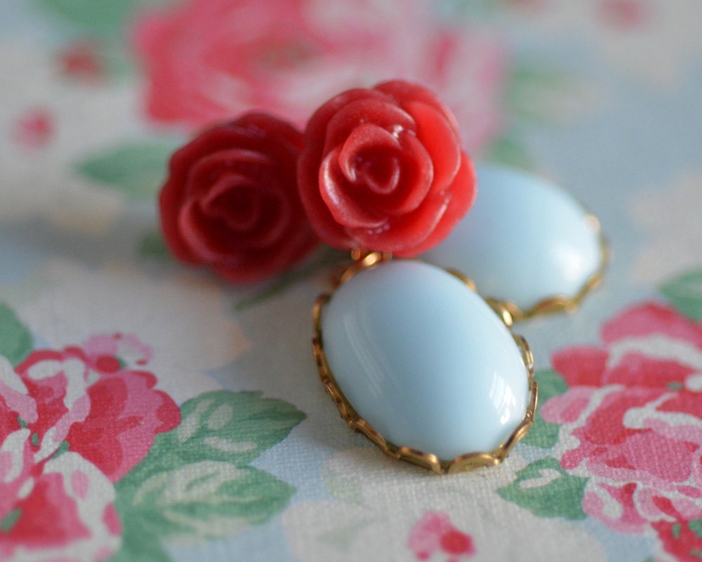 Flower Earrings Dangle Red Rose Cabochon Baby Blue Glass Fun Bright Cheerful Flower Floral Bridesmaid