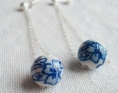 Sterling Silver Earrings with Blue and White Porcelain Beads Bride Bridal Something Blue Simple Dangle Bead