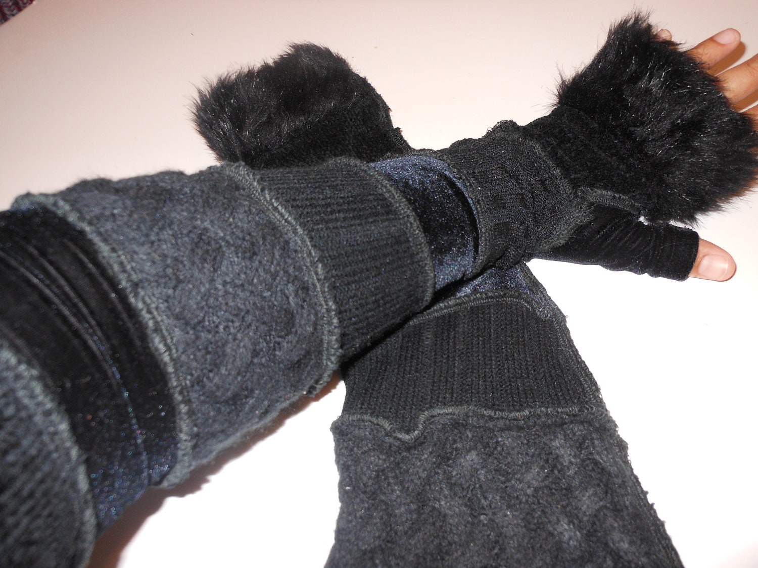 Extra Extra Long Recycled Sweater Sleeves Black With Faux Fur Fairy Gloves by SewWonderifical